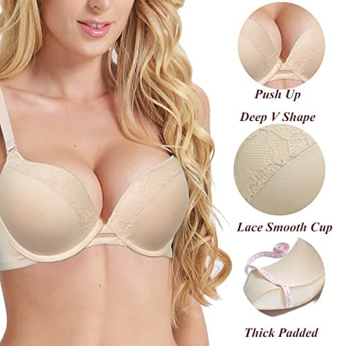 Thick Padded Underwire Plunge Lace Bra for Women Lift Support Add One Cup