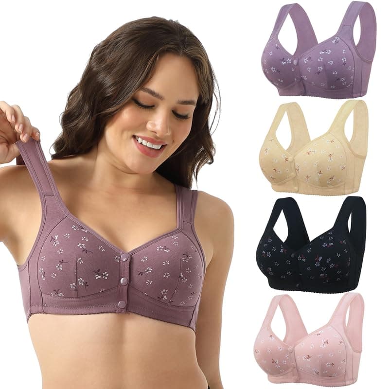 Wonholy Durable Daisy Bras for Older Women, Front Snap Padded Comfort Bra