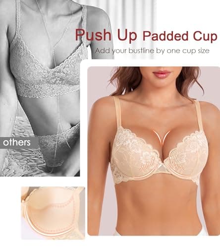 DotVol Women's Comfortable Underwire Push Up T-Shirt Bra with Flower Lace