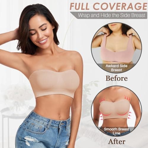 WOWENY Bandeau Bra for Women: Silicone, Padded, Non-Slip, Strapless