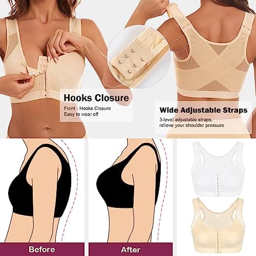 J-pone Women's Front Closure Posture Correcting Wireless Bra 2 Piece Full Coverage Back Support
