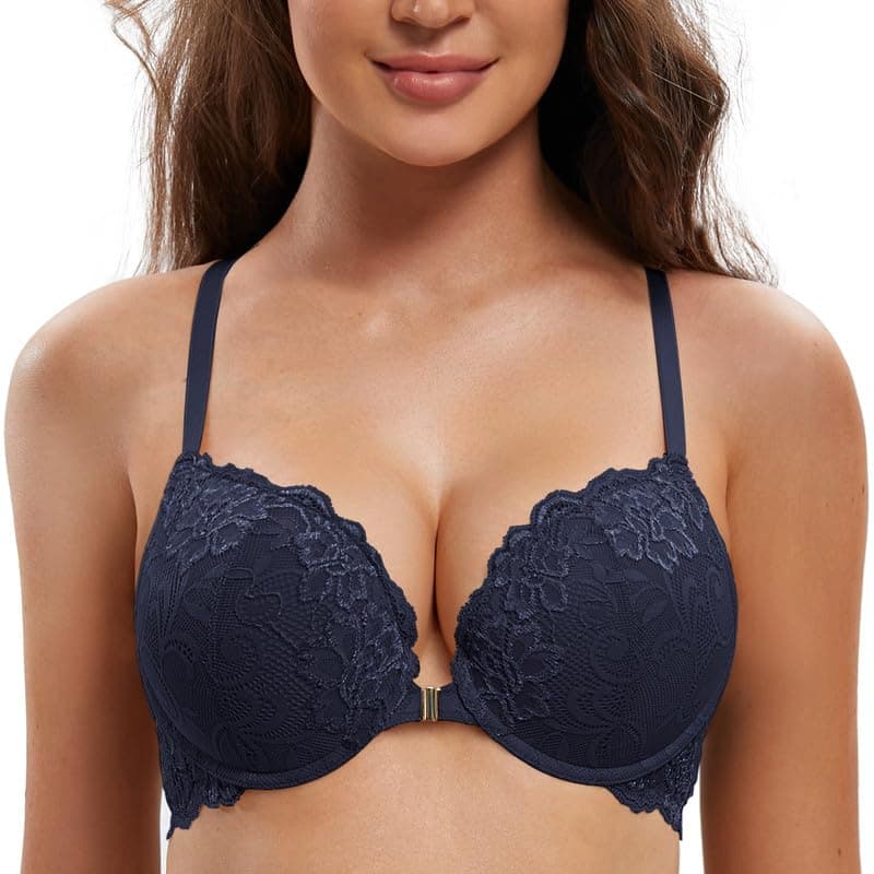 Deyllo Women's Front Closure Padded Push Up Bra Underwire Plunge