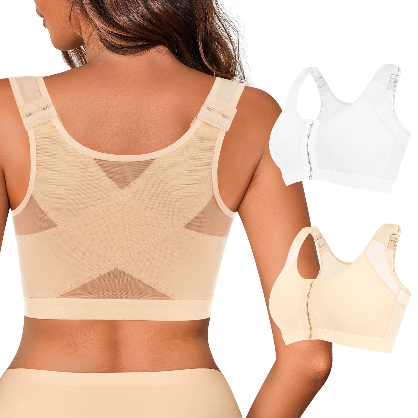 J-pone Women's Front Closure Posture Correcting Wireless Bra 2 Piece Full Coverage Back Support