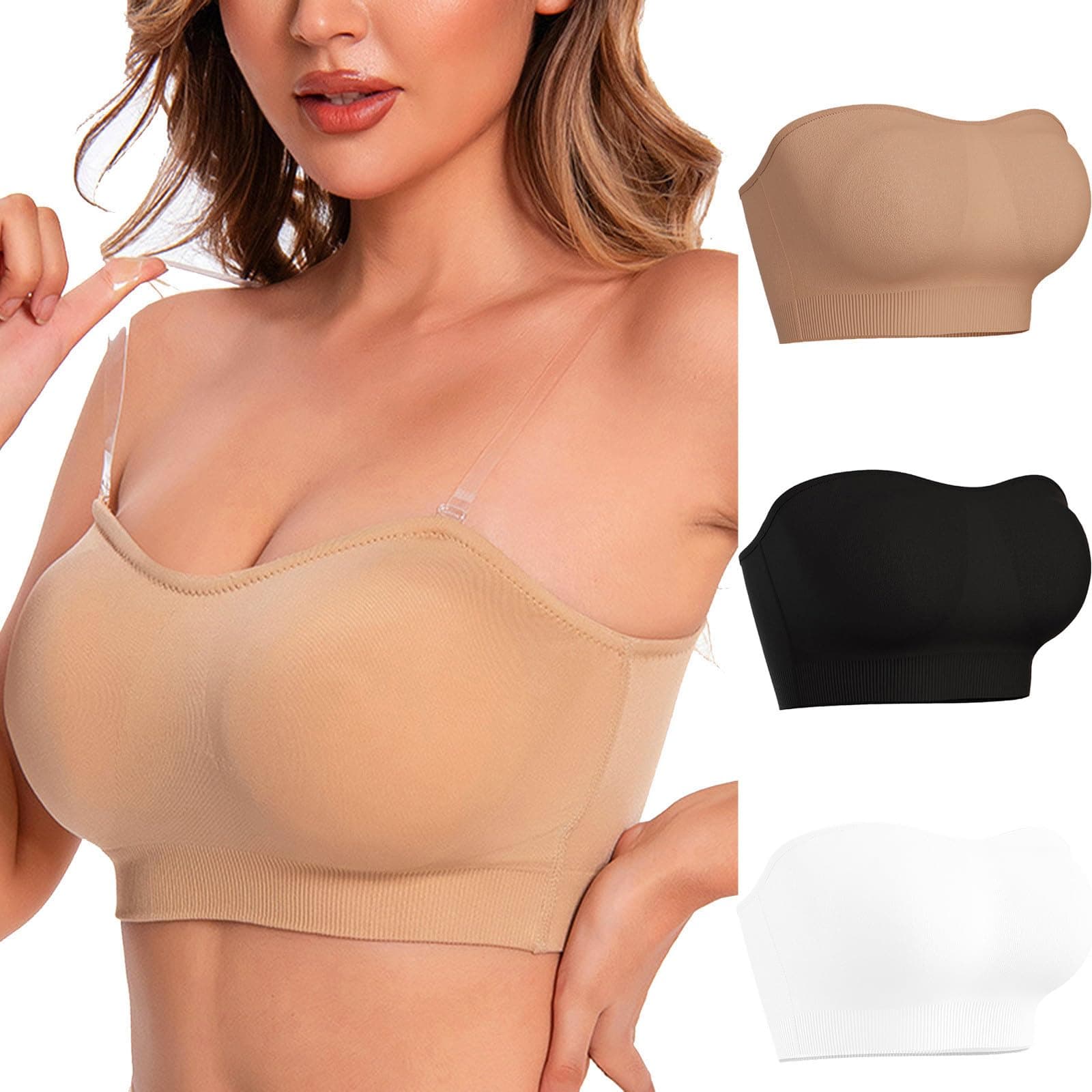 3 PackWireless Tube Top Bra for WomenBreathableSolid Color Stretchy BrasStraplessComfortable