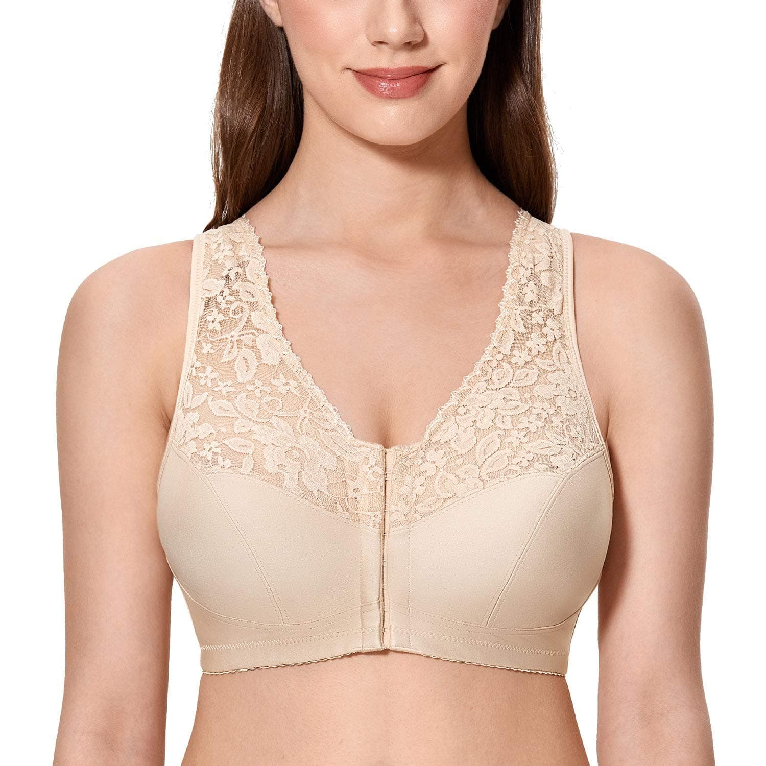 CALVENA Women's Plus Size Front Closure Wirefree Lace Racerback Bra