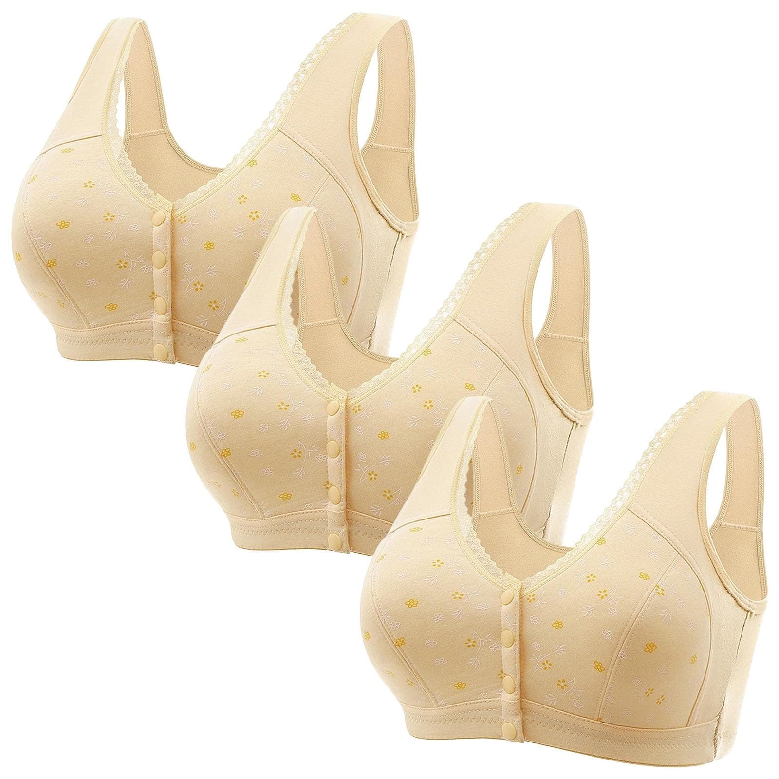 Comfortable 3-Piece Daisy Push-Up Bra Set for Older Women Full Coverage Front-Closure Bras