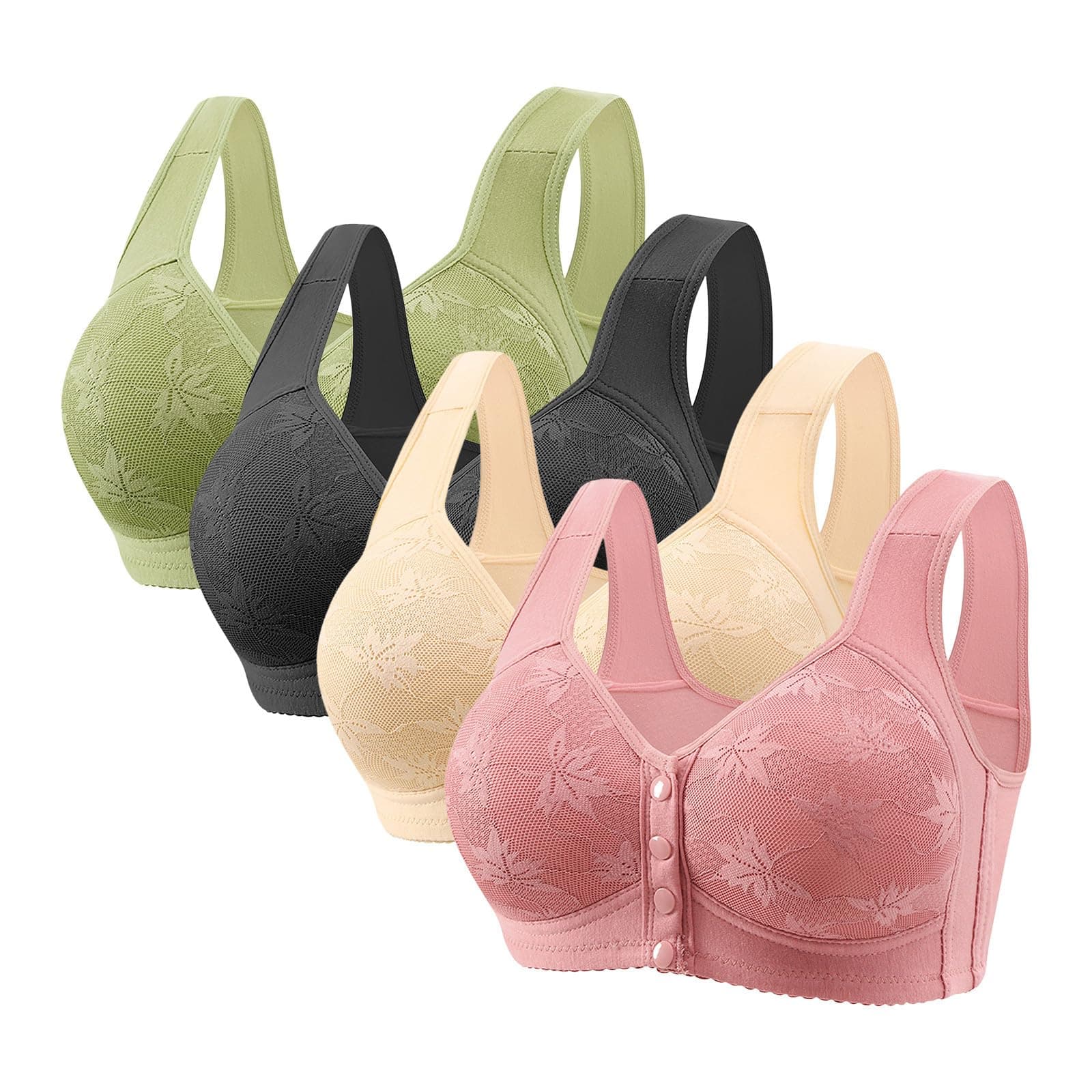 Hnodov 4 Pack Daisy Wireless Push-Up Bras for Older Women