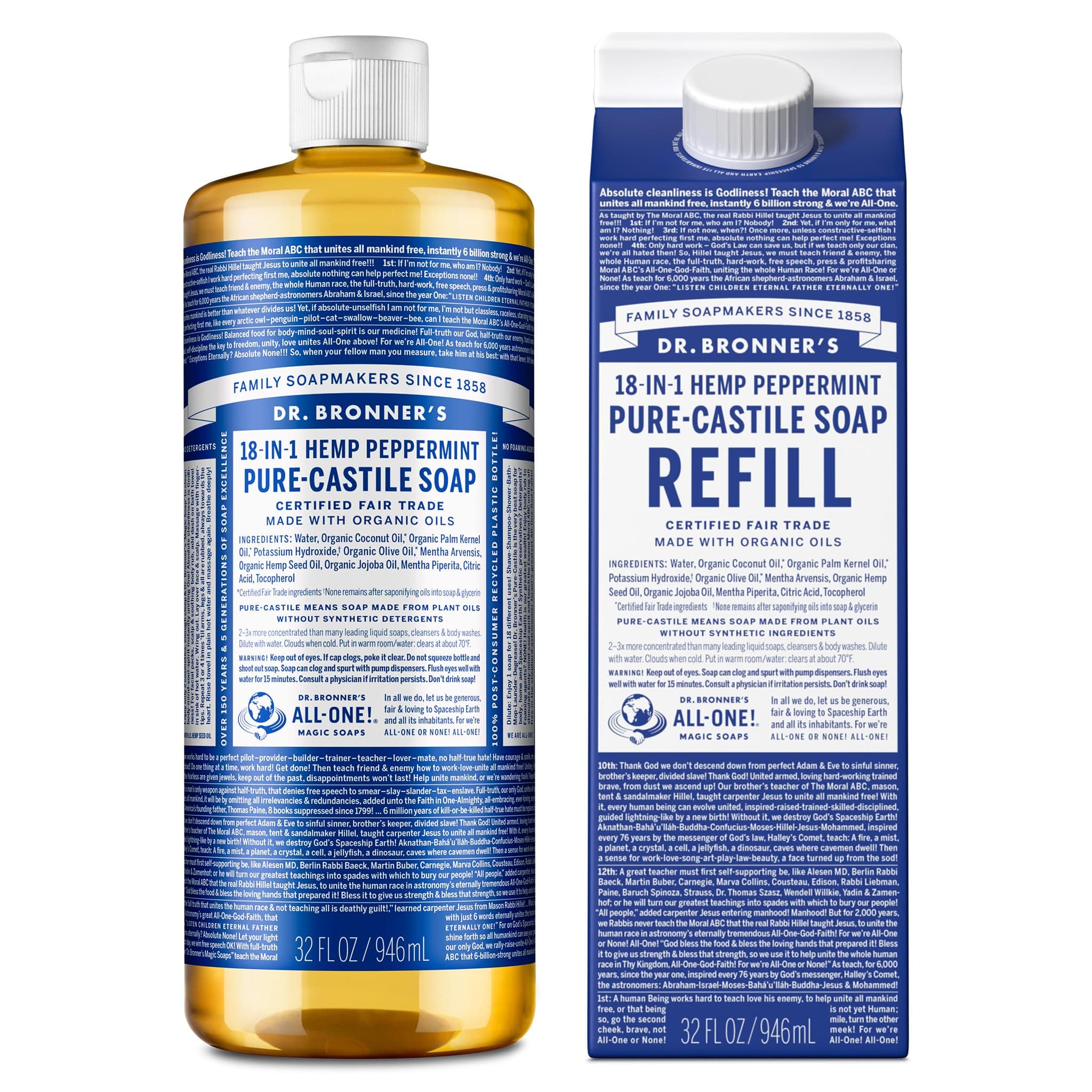 Dr. Bronner's Regenerative Organic Peppermint Liquid Soap - 32oz Refill Carton